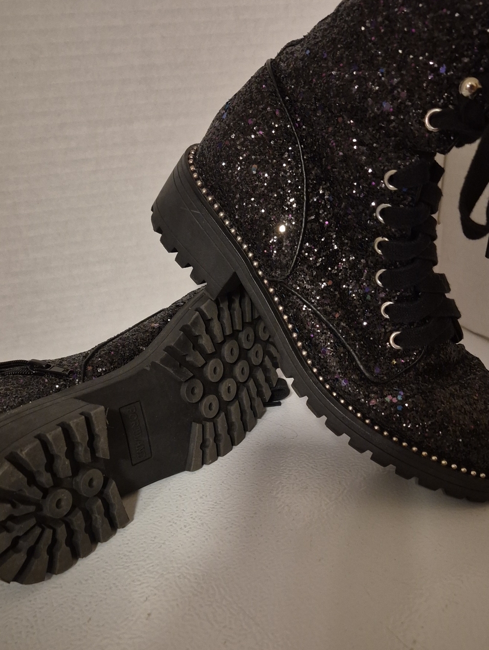 Glitter Lace-Up Combat Boots in Black